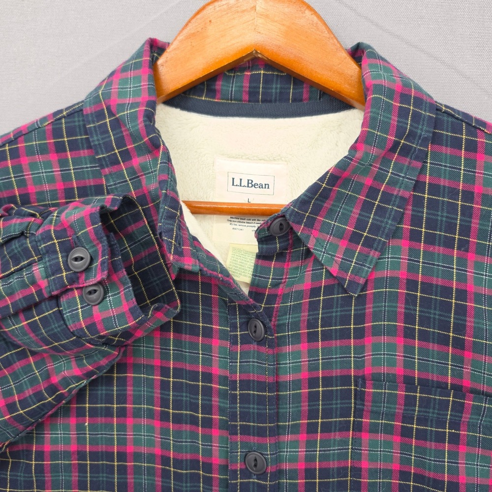 LL Bean Fleece Lined Flannel Shirt Jacket Mens Large Pink Green Plaid Cotton